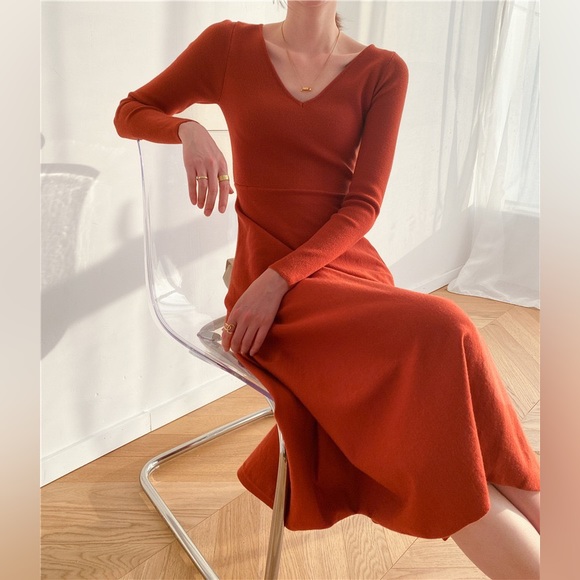 🍁Red Orange V-Neck Sweater Dress🍁 - Picture 6 of 6